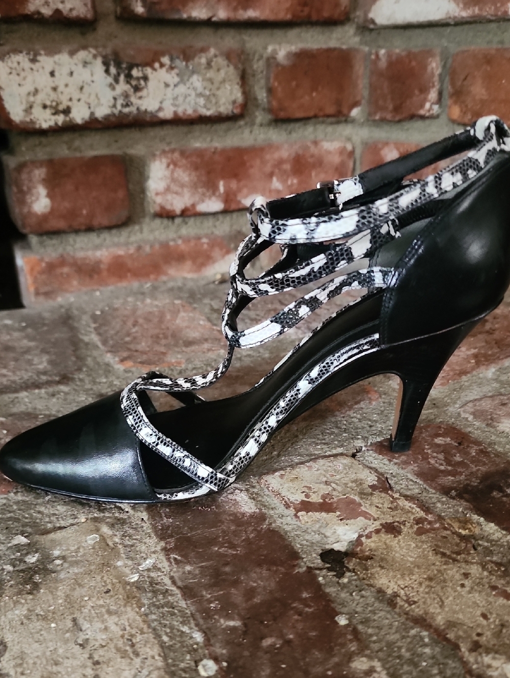 10 Crosby Derek Lam Black Leather Strappy Heels Snake Print Pointed Toe Pumps